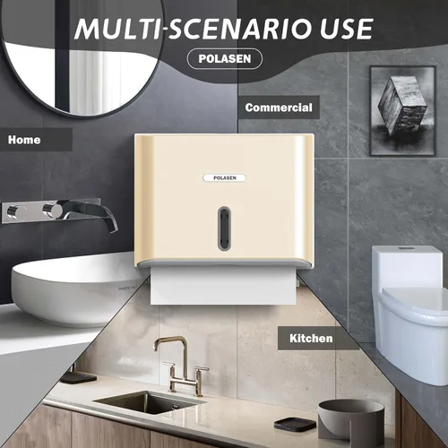 Vista 2 de Dispensador de toallas de papel multipliegue para montaje en pared, plástico dorado, gran capacidad, almacenamiento de 250 grados, compatible