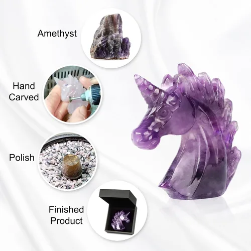 Vista 4 de Artistone Estatua de unicornio de cristal de amatista de 3 pulgadas, piedra preciosa tallada a mano, piedra de caballo de unicornio morado, figuras