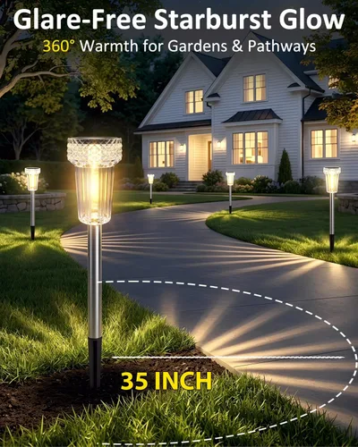 Vista 2 de DERAYSION Luces solares para exteriores, paquete de 8 luces impermeables para caminos de jardín, iluminación con poste de acero inoxidable