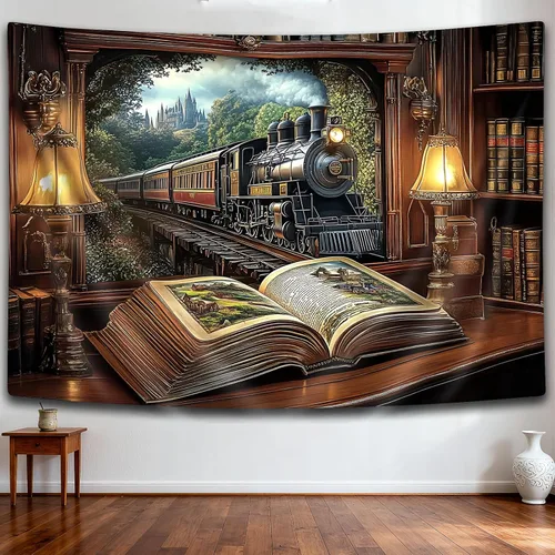 Vista 10 de Tapiz de Tren de Vapor, Tapices de Paisaje Otoñal de Tren de Motor Antiguo Decoración para Niños, Tapices de Arte de Acuarela de Bosque de Montaña