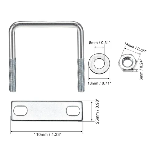 Vista 38 de uxcell Pernos cuadrados en U de 1 "(25 mm) de ancho interior de acero al carbono M8 con tuercas, placa de marco, arandelas redondas, juego de 4