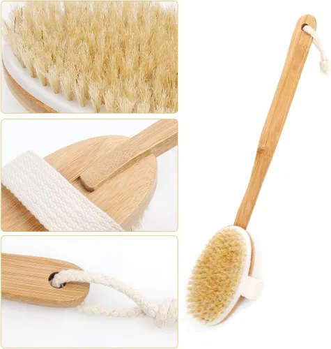 Vista 6 de Cepillo corporal de baño y ducha, cepillado de piel seca con cerdas de jabalí 100% naturales y mango desmontable de bambú de 16 pulgadas de largo