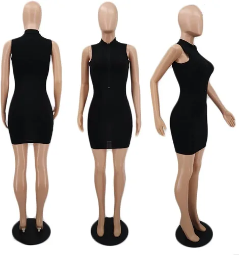 Vista 5 de Yanfoam Vestido sexy con cuello en V para mujer, con cremallera sólida, sin mangas, elástico, mini vestido de cóctel