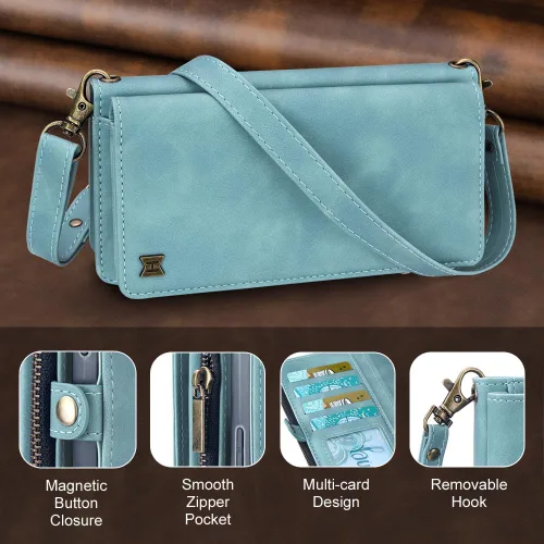 Vista 8 de Funda tipo cartera para iPhone 16 Pro Max con 8 tarjeteros, bloqueo RFID, piel sintética, función atril, abatible, correa de muñeca y correa