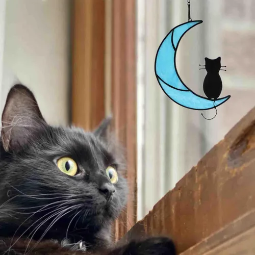 Vista 7 de Black Cat Decor On Moon Suncatcher Decoration,Cat Memorial Gifts for Cats Lovers Stained Glass Window Hangingt,Cats Loss Sympathy Gift,Pet Memorial