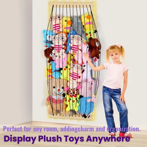 Vista 2 de Almacenamiento de animales de peluche de madera suave para habitación de los niños, soporte de pared para colgar en la puerta, organizador