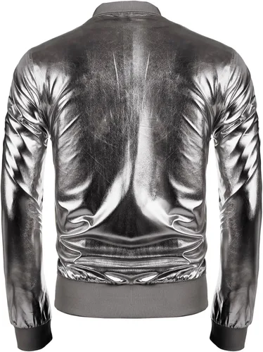 Vista 3 de COOFANDY Chaqueta metálica para hombre, diseño de los años 70, disco y fiesta de Navidad, chaqueta universitaria con cremallera