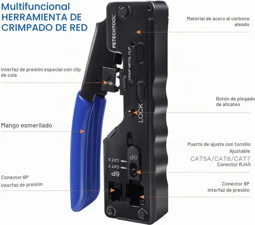 Vista 2 de Herramienta de crimpado RJ45 Herramienta de crimpado Ethernet Cortador de alambre Crimper para Cat7 Cat6a Cat6 Cat5e Pasa a través de conectores