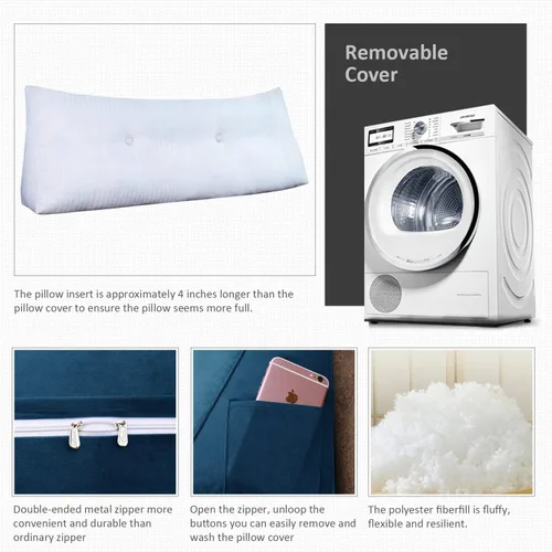 Vista 3 de VERCART Almohada grande de cuña para cama de lectura, cabecera tapizada triangular, respaldo para sentarse en la cama con funda extraíble de Azul