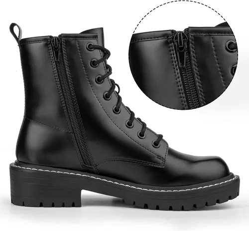 Vista 3 de ICHIGO - Botines al tobillo de moda para mujer, botas de combate con 8 ojales, cremallera lateral y cordones