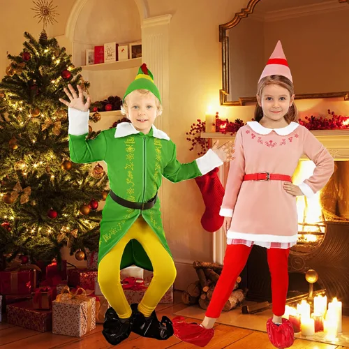 Vista 6 de Disfraz de elfo para niñas, disfraz de elfo de Navidad rosa, para fiestas de Navidad y cosplay