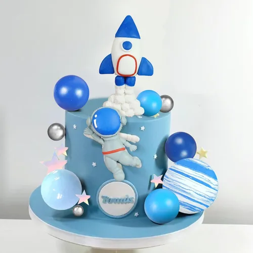 Vista 4 de Decoración para tartas espaciales de arcilla: figuras de astronauta, bolas de cohete, estrellas, decoraciones temáticas de espacio para niños