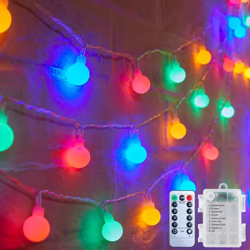 Vista 9 de Guirnalda de luces con forma de globo a pilas, 21 pies, 60 luces LED parpadeantes, 8 modos con control remoto, mini luces de globo para interiores