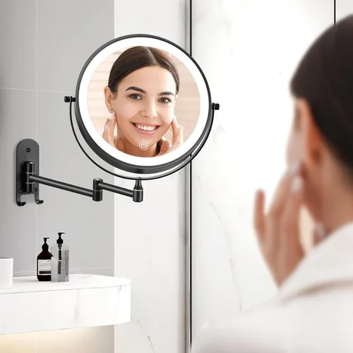 Vista 8 de Espejo de maquillaje iluminado recargable de 9 pulgadas, espejo de aumento de doble cara 1X/10X con 3 luces de color regulables, espejo de baño