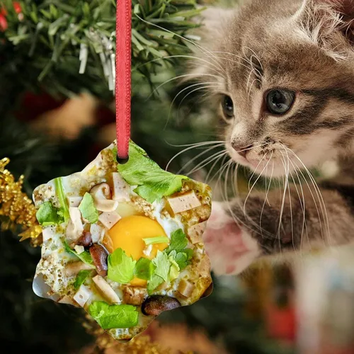 Vista 6 de Adornos de Navidad de huevo, carne y hongos, divertidos alimentos, decoraciones navideñas para árbol de cerámica, adornos de Navidad personalizados