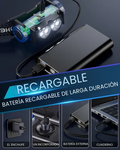 Vista 9 de Linterna frontal recargable, 2 unidades, 4500 L, luz súper brillante, LED, recargable con luz blanca, lámpara de cabeza impermeable con diadema
