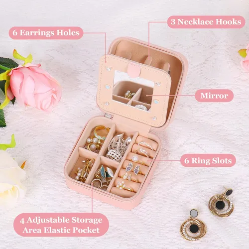 Vista 2 de Joyero de viaje, pequeño joyero, regalos para mujeres y niñas, mini organizador de joyas portátil rosa para aretes, anillos, collares con inicial J