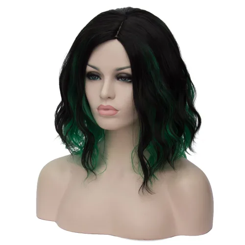 Vista 3 de BERON Pelucas negras y verdes para mujer, peluca ondulada corta y rizada para niñas, color mixto, longitud al hombro, parte lateral, Halloween