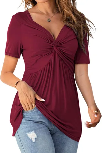 Vista 2 de Tankaneo Womens Front Knotted V-Neck Blouse T Shirt Short Sleeve Oversized Tunic Tops Summer Solid Pullover Tees