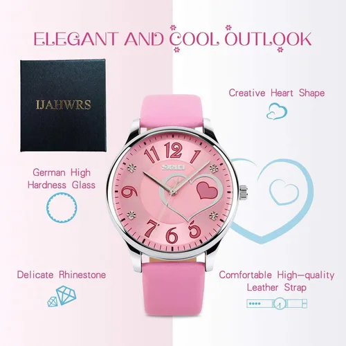 Vista 5 de IJAHWRS Reloj analógico para niñas reloj de pulsera de cuarzo de moda correa de piel esfera grande divertido lindos relojes con forma de corazón