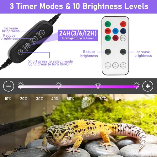 Vista 5 de Lámpara LED UVA UVB para reptiles, 12.0/10.0/5.0 UVB para reptiles de dragón barbudo, con 4 modos UV, atenuación de 10 niveles 6500K y temporizador