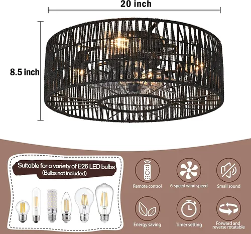 Vista 5 de Ventilador de techo enjaulado negro con luz, ventilador de techo industrial de perfil bajo con luces y ventilador cerrado remoto, ventiladores