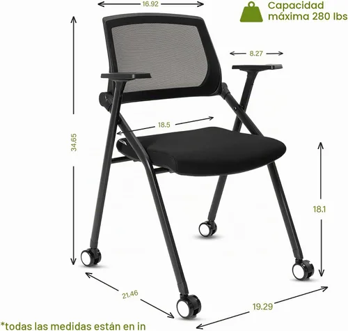 Vista 3 de Paquete de 2 sillas plegables de oficina para sala de conferencias con ruedas, apilables, color negro, silla de computadora con brazos deslizantes