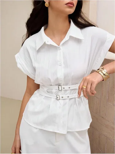Vista 4 de OYOANGLE Blusa elegante con botones y doble hebilla y cinturón, manga Dolman con cuello