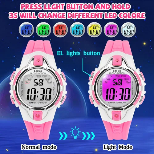 Vista 3 de Edillas Kids Watches Digital Girls Boys,7 Colors Light Wrist Watch for Child Waterproof Sport Outdoor Multifunctional Watches with StopwatchAlarm