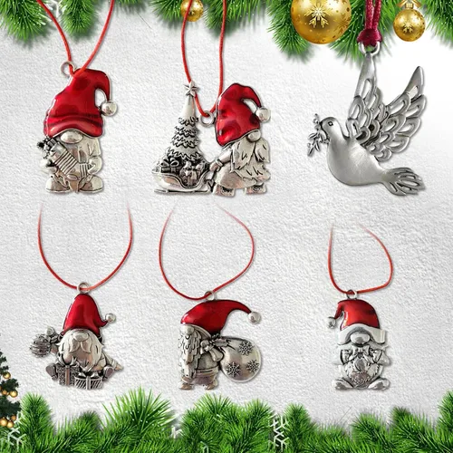 Vista 2 de Adorno de árbol de Navidad de peltre sólido, colgantes de gnomo de Papá Noel de metal con cuerda roja, decoración colgante artesanal para árboles