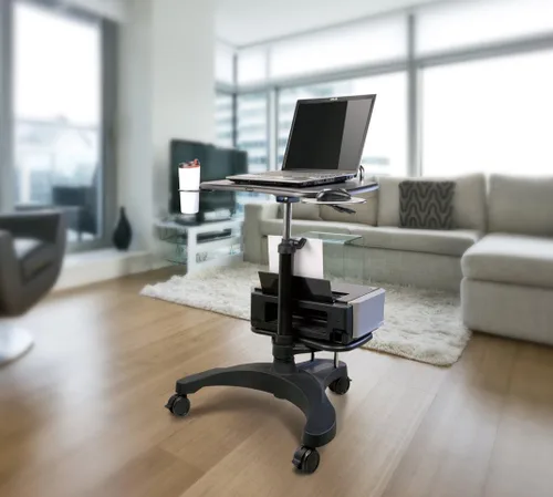 Vista 2 de Aidata Estación de trabajo ergonómica para portátil con estante para impresora, con portavasos y alfombrilla para mouse integrados, color negro
