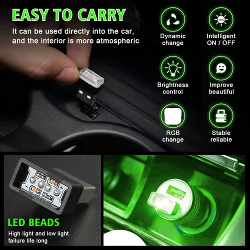 Vista 6 de Ouzorp 2 piezas de mini luz LED USB, iluminación interior LED para automóvil, CC 5 V, inteligente USB LED, luz de atmósfera, luz de teclado, Verde