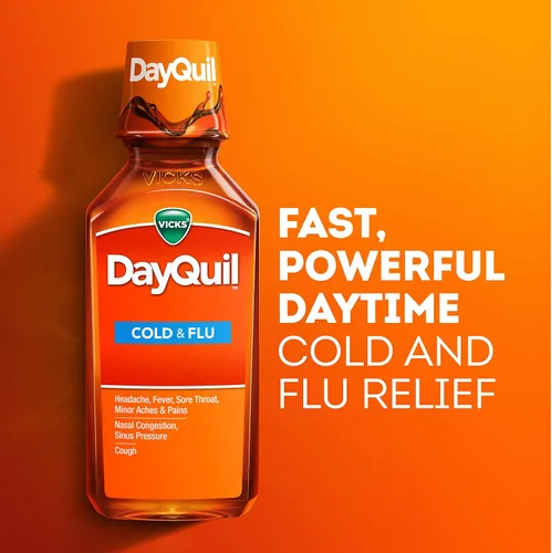Vista 3 de Vicks DayQuil - Alivio multisíntoma para tos, resfriado y gripe, 8 onzas líquidas (sin somnolencia), alivio del dolor de garganta, fiebre