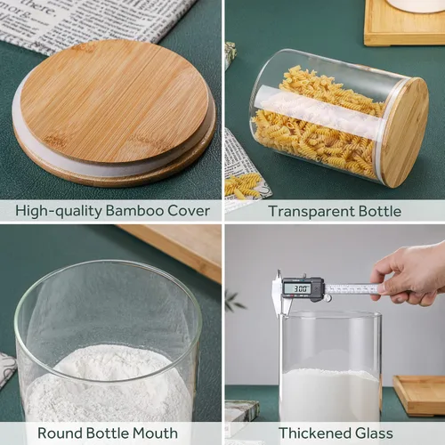 Vista 3 de 2 juegos de 101.4 fl oz/100 onzas líquidas de vidrio transparente con tapa hermética de bambú, tarro extra grande para harina, azúcar, café, té