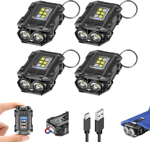 Vista 10 de Paquete de 2 llaveros EDC - Mini llavero de luz súper brillante con clip para sombrero, base magnética, luces de flash de bolsillo pequeñas