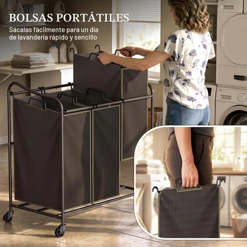 Vista 6 de Simple Houseware Carrito rodante clasificador de lavandería de 3 bolsas resistente, bronce