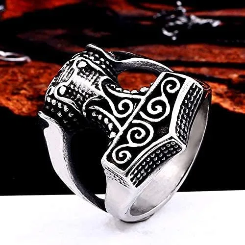 Vista 2 de BAVIPOWER Thors Hammer Mjolnir Viking Anillo para hombres 316L Acero inoxidable nórdico Vikingos Escandinavos Joyería