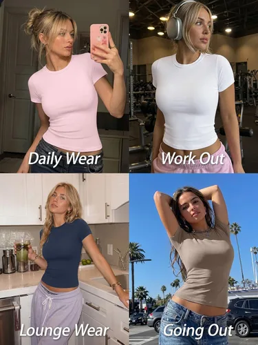 Vista 7 de Trendy Queen - Camisetas básicas para mujer, camisetas de verano 2025, de manga corta, ajustadas, para gimnasio, entrenamiento, ropa estilo Y2K