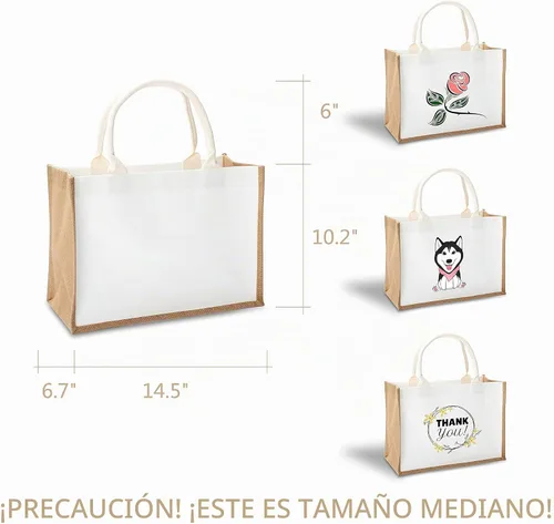 Vista 2 de Bolsa de yute de 14.5 x 6.7 x 10.2 pulgadas, 1 bolsa de arpillera, bolsas de viaje de yute con asa, bolsa de comestibles reutilizable para dama