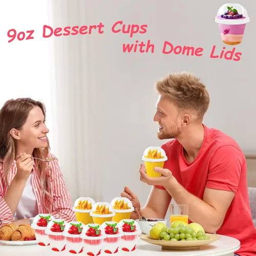 Vista 5 de Szsrcywd Paquete de 100 tazas transparentes de postre de 9 onzas con tapas de cúpula, vasos desechables de plástico para yogur (sin agujeros)