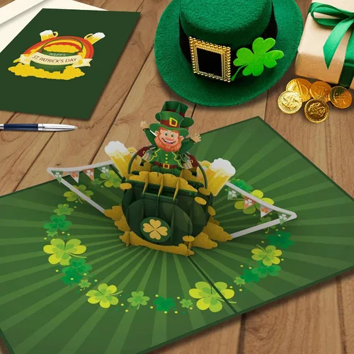 Vista 4 de iGifts And Cards Tarjeta desplegable 3D de duende de oro, diseño festivo de celebración irlandesa para cumpleaños del día de San Patricio y buena