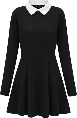 Vista 3 de Disfraces de Halloween para mujer 2026 - Vestido negro de manga larga con cuello blanco