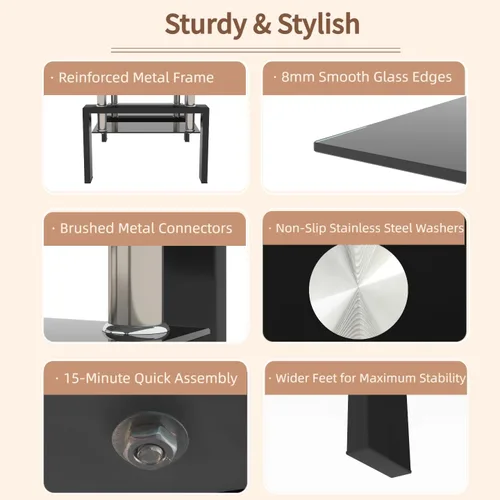 Vista 5 de Mesa auxiliar de cristal para sala de estar, mesa central rectangular de 2 niveles con patas de metal, mesa auxiliar para el hogar, oficina