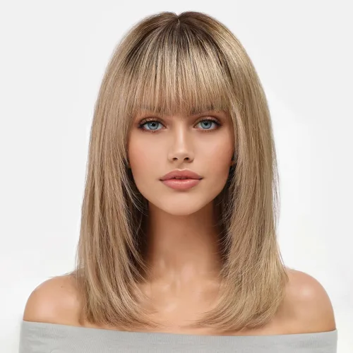 Vista 16 de KKU Pelucas de cabello humano de 16 pulgadas para mujer, peluca de cabello lacio en capas con flequillo, realismo natural, pelucas de cabello real