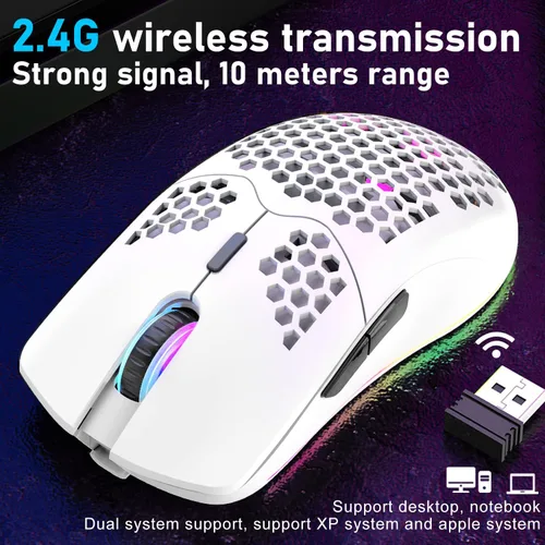 Vista 2 de XINMENG Ratón inalámbrico para juegos, diseño de panal ligero, 3200 DPI recargable, con 16 retroiluminación arcoíris, receptor USB, compatible