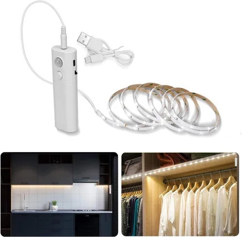 Vista 10 de LUXJET - Luz recargable con sensor de movimiento para armario, tira LED flexible de 1 m con 30 luces LED, sensor PIR y de luz, luz nocturna blanca