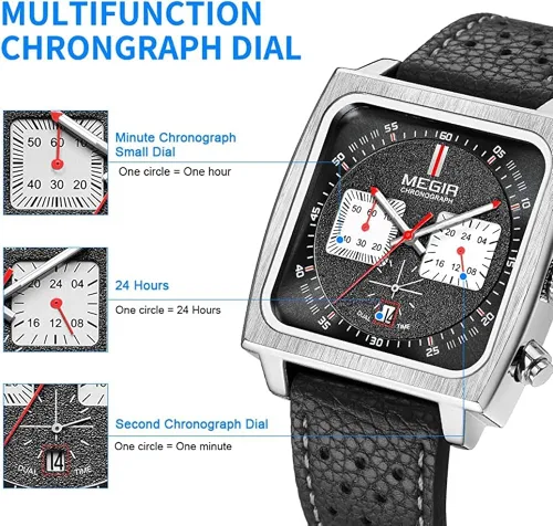 Vista 9 de MEGIR Relojes de cuarzo de 24 horas con esfera cuadrada para hombre, correa de cuero de moda, estilo casual