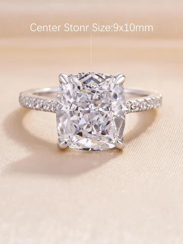 Vista 3 de Anillo de compromiso de corte cojín de 4 quilates para mujer, anillo de compromiso chapado en oro blancorosa de plata de ley 925 de 18 quilates