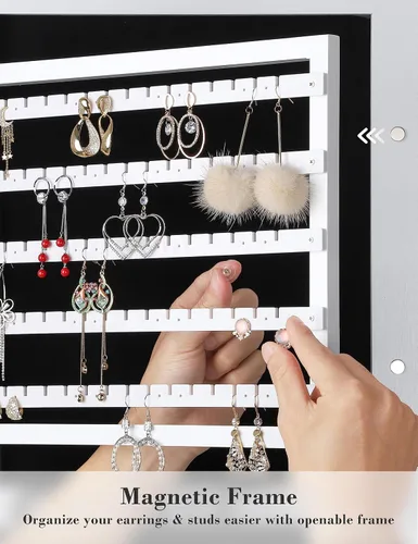 Vista 6 de Nicetree Armario de joyería con espejo de 6 LED, organizador de joyas con cerradura de gran capacidad, espejo montado en puerta o pared