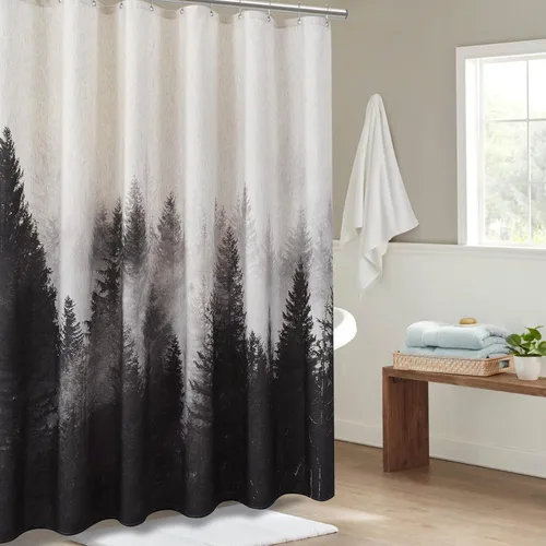 Vista 3 de ORTIGIA Cortina de ducha con diseño de bosque de montaña, tela de lino de mezcla pesada, árbol natural negro, cortina de baño de bosque brumoso, 60